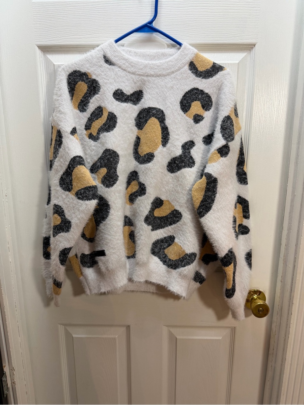 Simply Southern Fuzzy Leopard Crewneck Sweater - White, Black & Gold